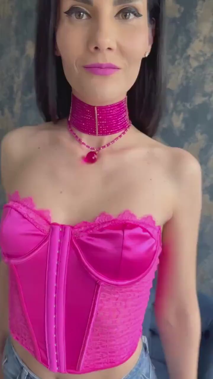 Hot Pink Choker Necklace Chunky Beaded Statement Collar 3-in-1 Convertible Pendant Necklace Bold Fuchsia Summer Jewellery Gift for Her
