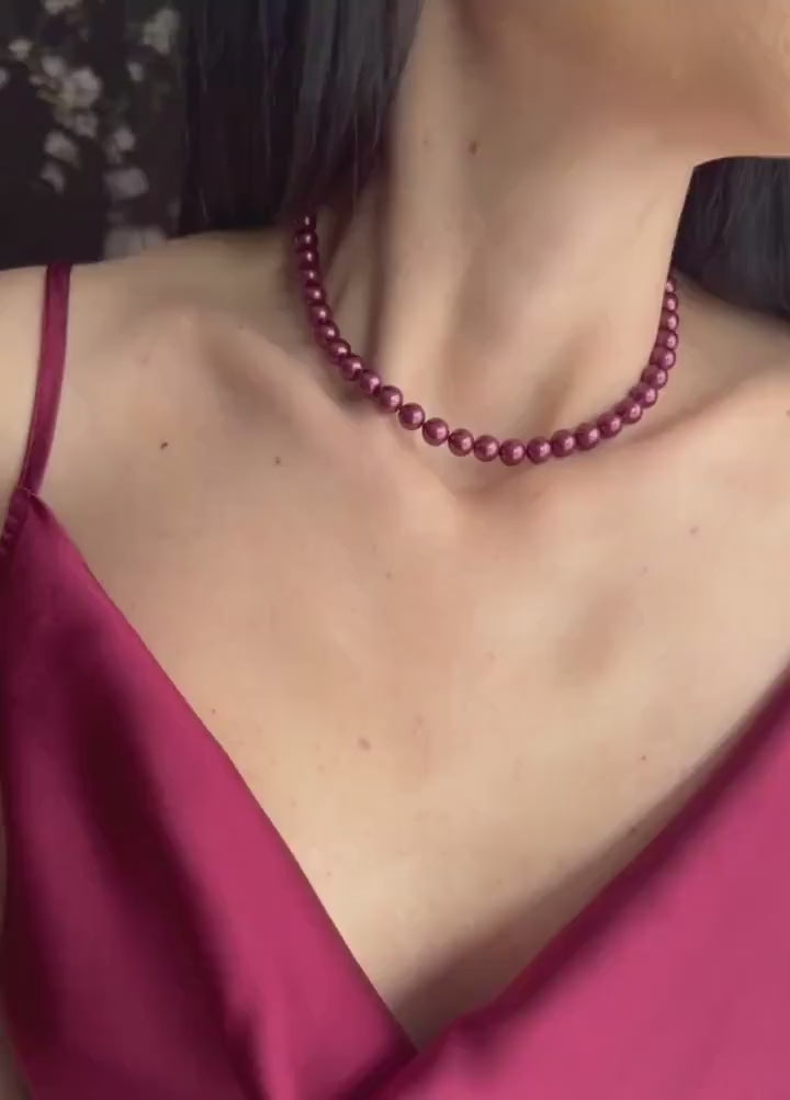 Burgundy Pearl Choker Necklace Classic Statement Wedding Jewelry Bridesmaid Gift Formal Accessory Wine Color Custom Vintage Layered Costume