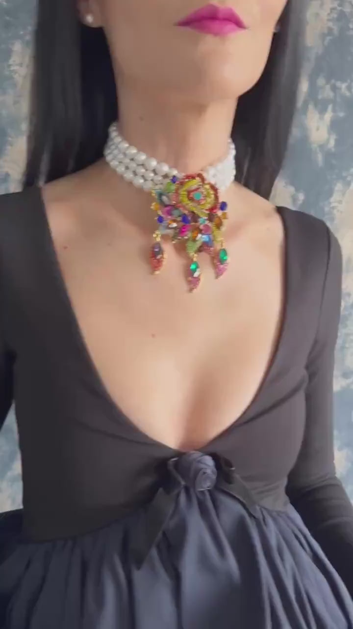 Art Deco Statement Necklace Floral Brooch Centerpiece Pearl Choker Multicolor Jewelry Vintage Inspired Retro Festival Fashion Accessory