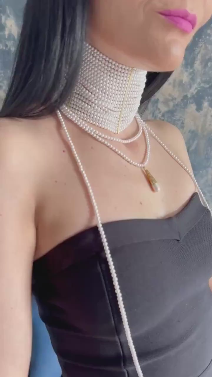 Wide Pearl Choker Necklace Multi Strand Statement Collar Bridal Wedding Jewelry Elegant Luxury Accessory Gold Party Wear Gift for Her