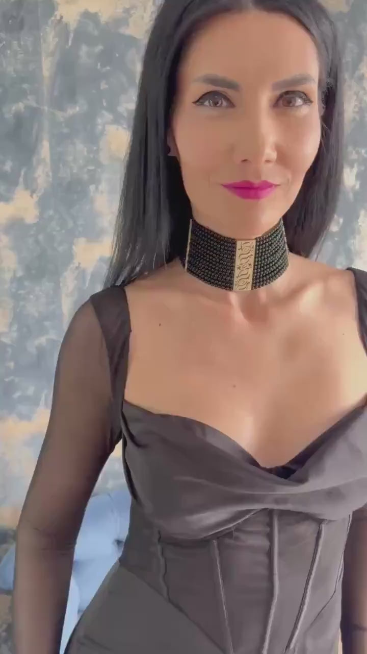 Wide Choker Necklace Black Agate Bead Gold Accent Design Statement Piece Elegant Jewelry Gothic Style Formal Accessory Unique Artisan Custom