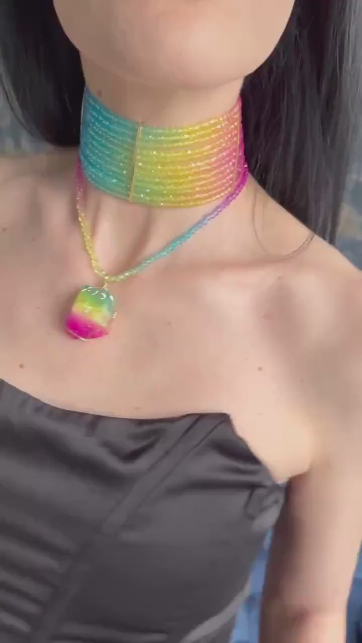 Rainbow Choker Necklace Wide Beaded Statement Collar Gradient Colourful Glass Bead Y2K Jewellery Multicolor Festival Accessory Gift for Her