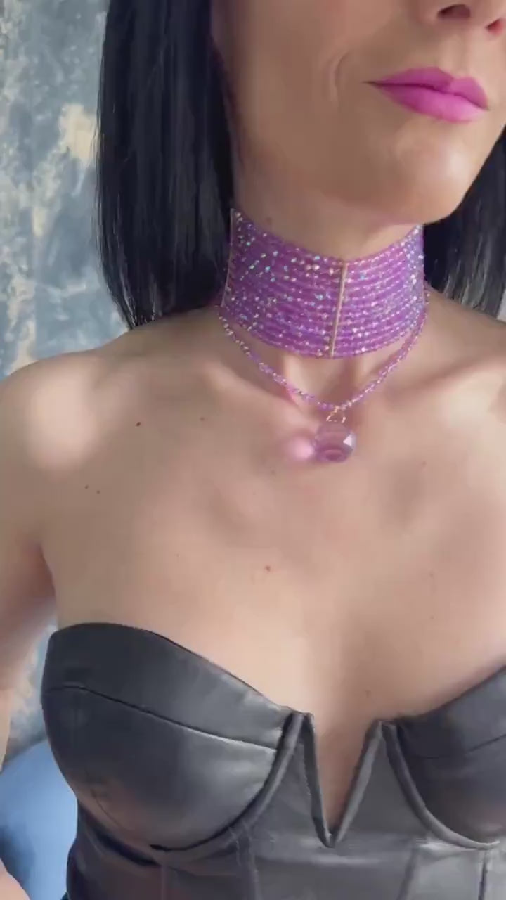 Lavender Purple Beaded Choker Necklace Convertible 3 in 1 Wide Lilac Statement Jewelry Multiway Teardrop Pendant Fairycore Collar Going Out