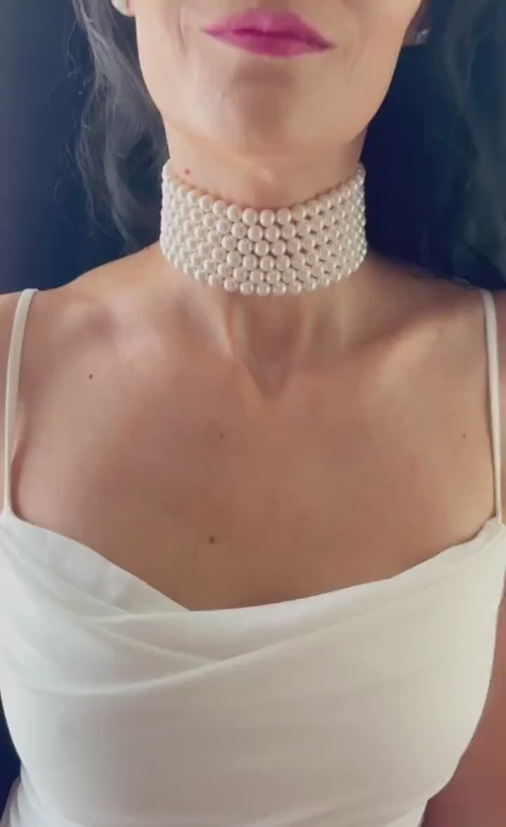 Bridal Pearl Choker Necklace Wedding Jewelry Statement Pearl Wide Multi Strand Pearl Collar Crystal Elegant Ivory Accessory Formal Event
