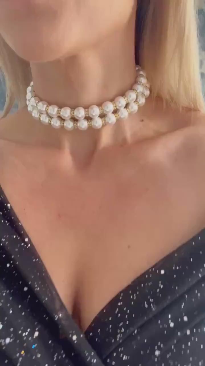 Pearl Choker Necklace Mother Of Bride Choker Mother Groom Party Wear Elegant Jewelry Double Strand Layered Pearl Classic Style Formal Event