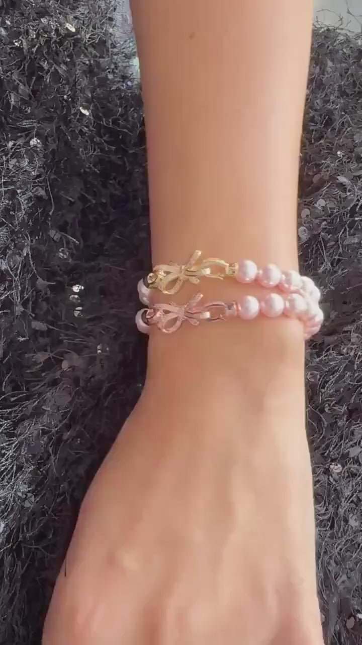 Pink Pearl Bracelet Stretchy Bead Bow Clasp Charm Gift Idea for Women Valentines Day Jewelry Girl Accessory